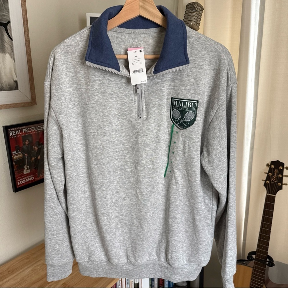 Zoe + Liv Malibu Tennis Club Women’s 1/4 Zip Gray Sweatshirt Size M NWT $22